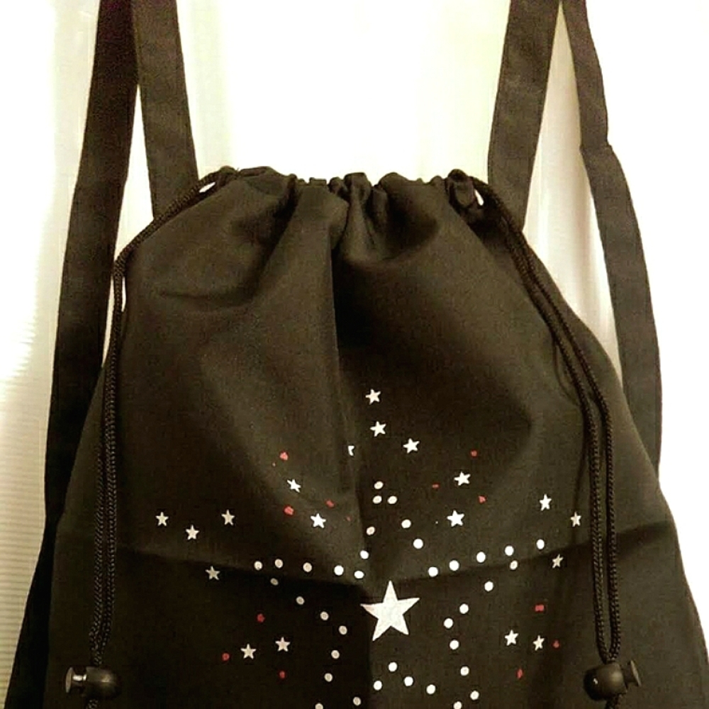 New Black Nylon Drawstring Backpack W/Stars - Picture 5 of 8